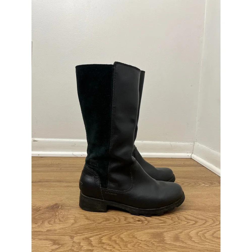 Sorel Gorpcore Emelie Tall Waterproof Boot Kids 3 Black Leather Suede NY1943-010